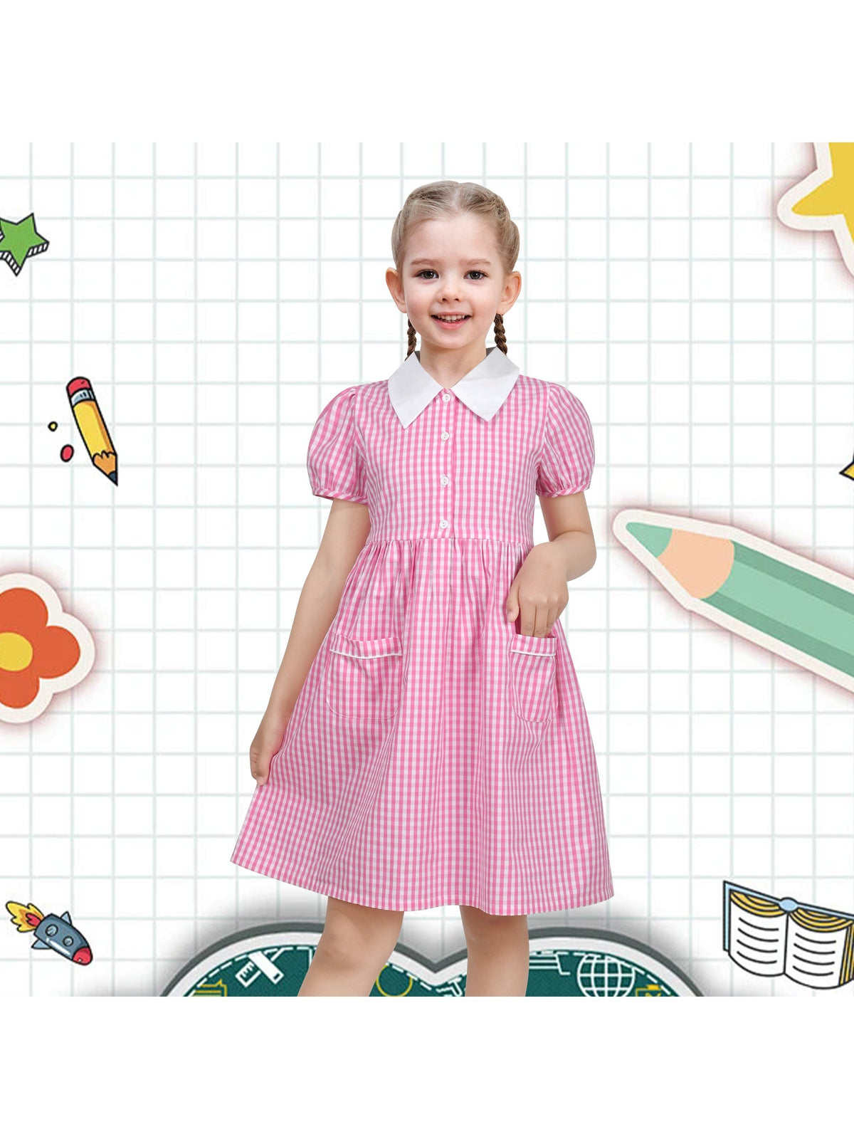 Girls Dress Black Bow Tie Belt School Uniform Front Button Short Sleeves - Pink White