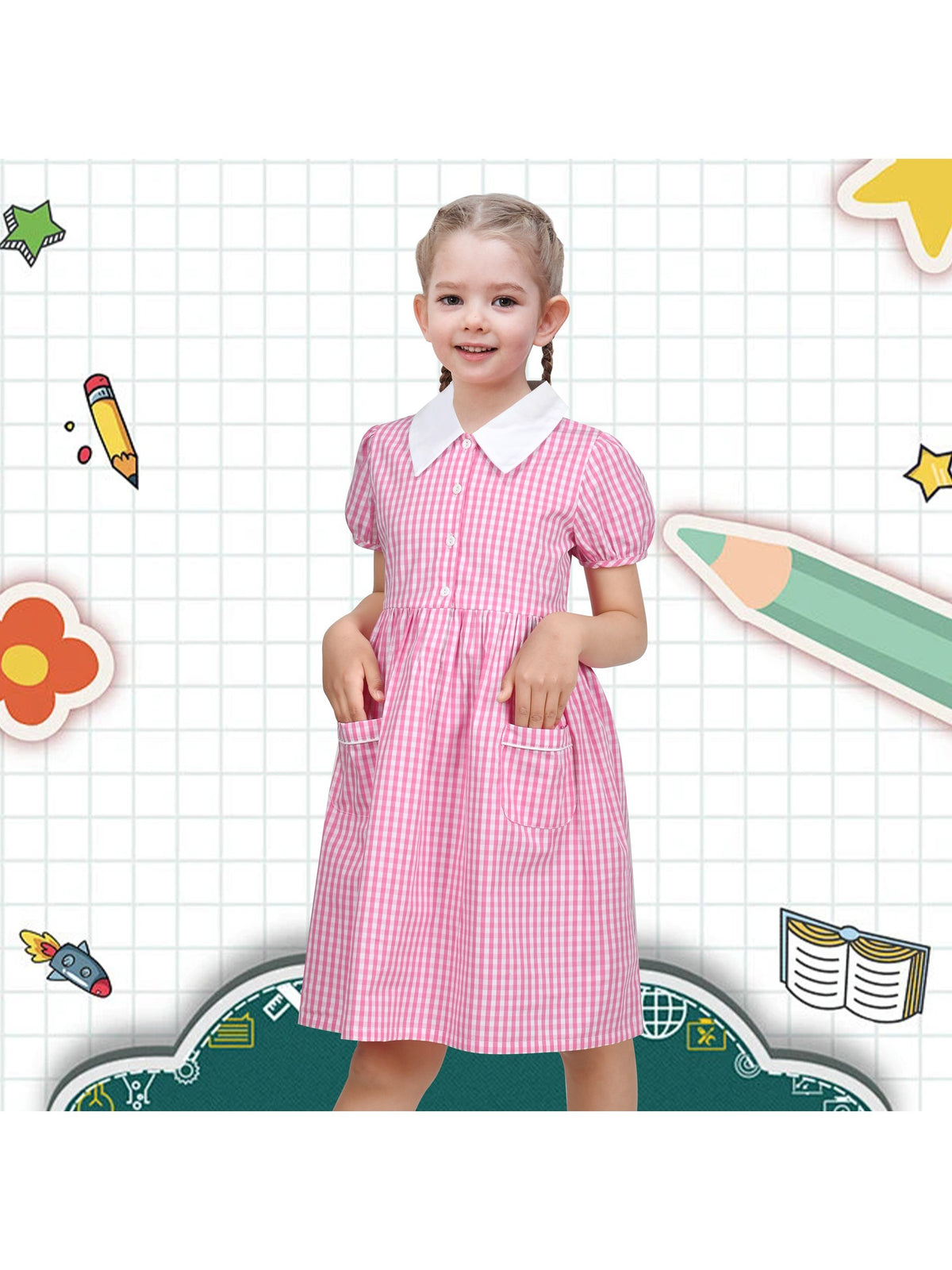 Girls Dress Black Bow Tie Belt School Uniform Front Button Short Sleeves - Pink White