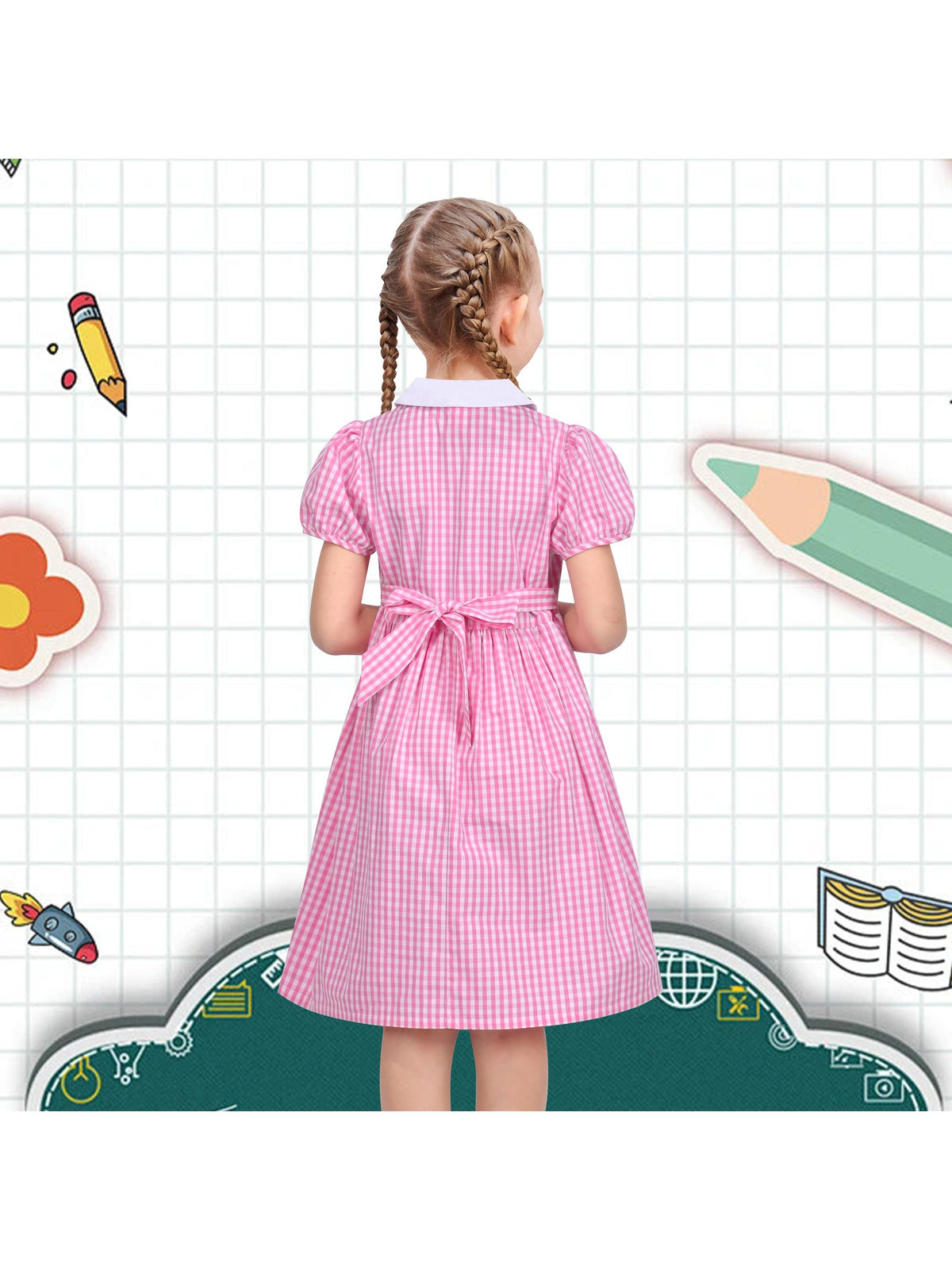 Girls Dress Black Bow Tie Belt School Uniform Front Button Short Sleeves - Pink White