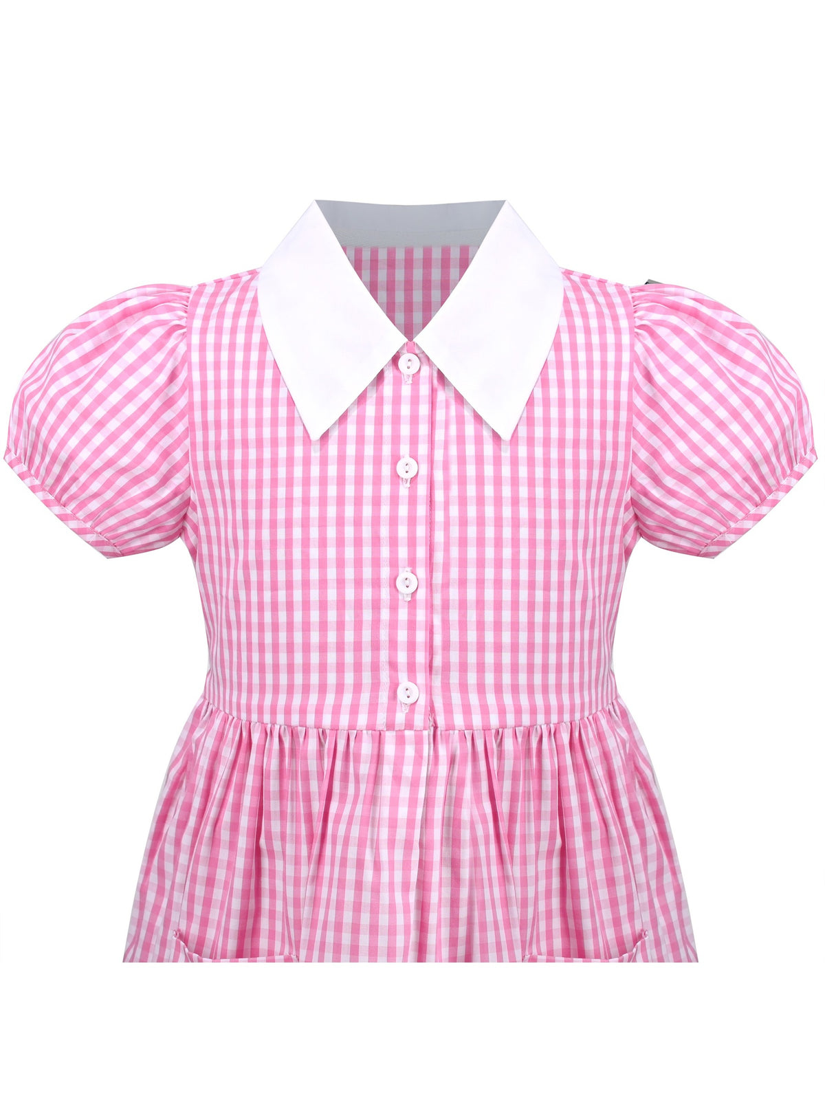 Girls Dress Black Bow Tie Belt School Uniform Front Button Short Sleeves - Pink White