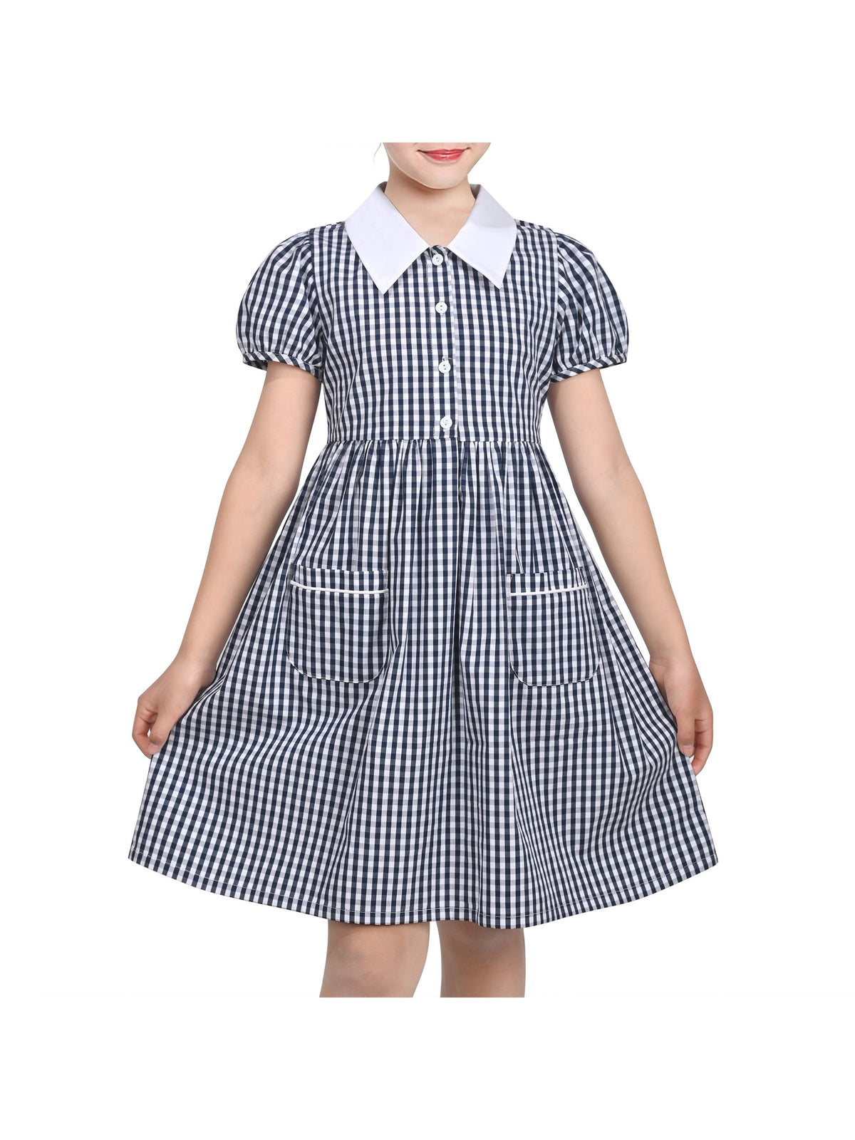 Girls Dress Black Bow Tie Belt School Uniform Front Button Short Sleeves - Dark Blue