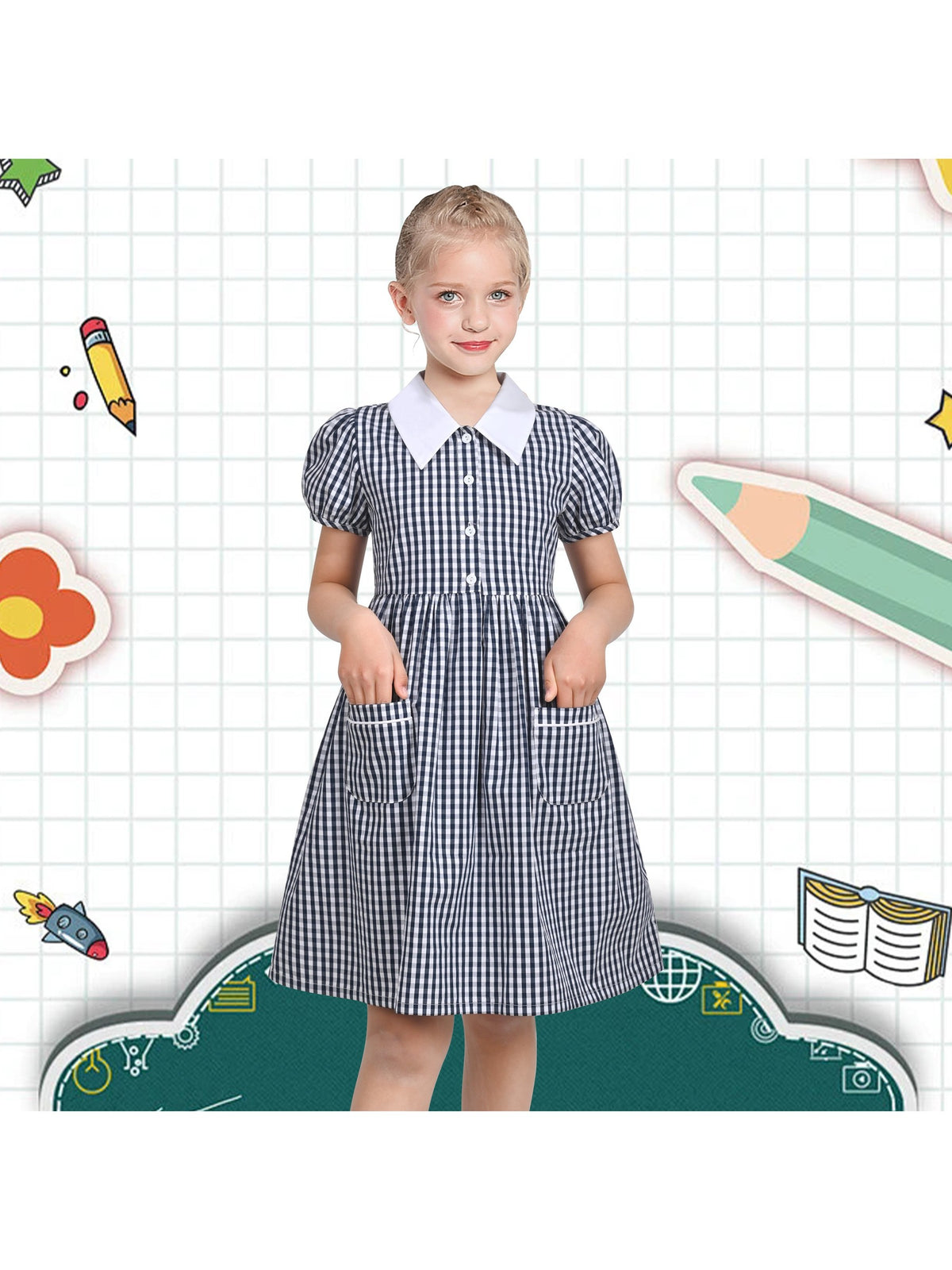 Girls Dress Black Bow Tie Belt School Uniform Front Button Short Sleeves - Dark Blue