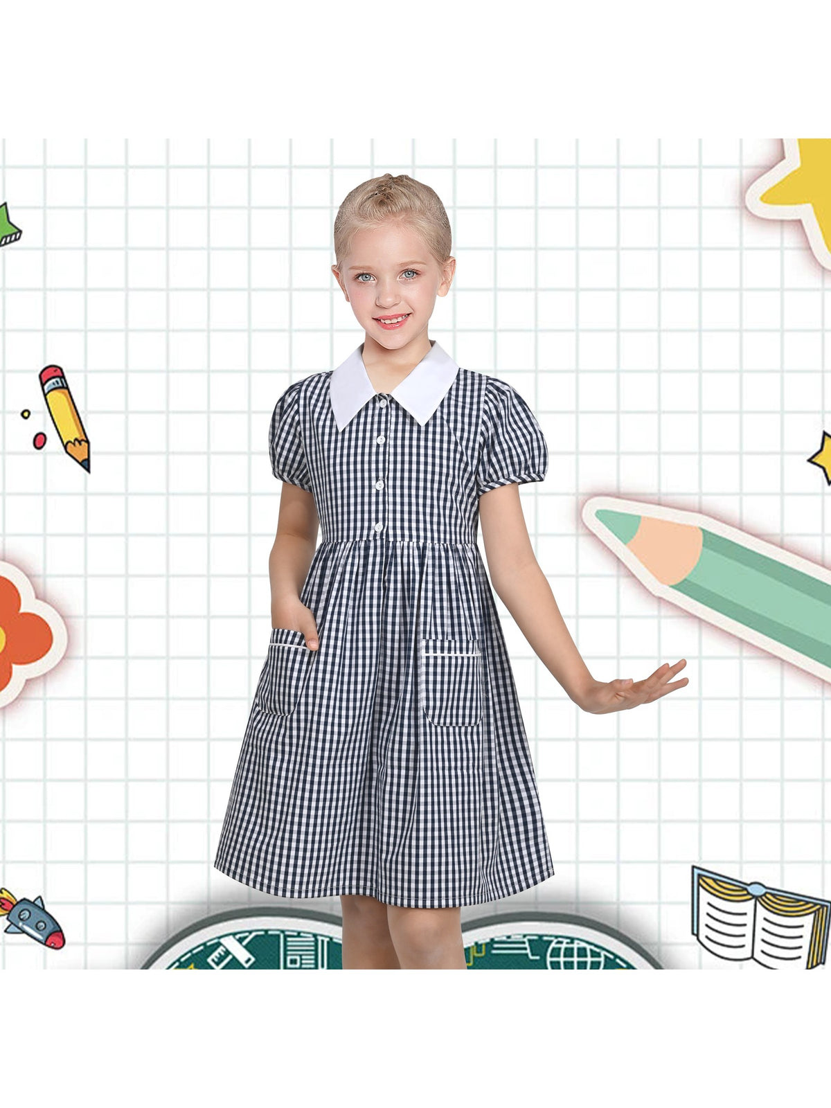 Girls Dress Black Bow Tie Belt School Uniform Front Button Short Sleeves - Dark Blue