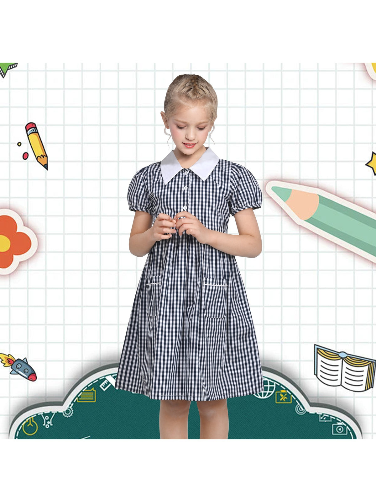 Girls Dress Black Bow Tie Belt School Uniform Front Button Short Sleeves - Dark Blue