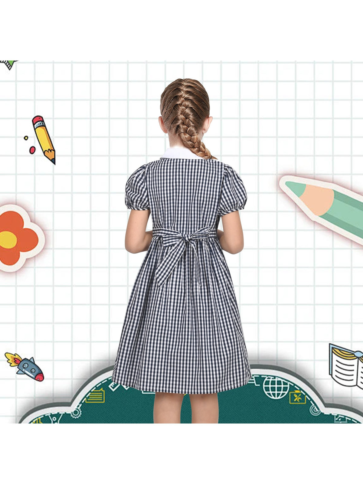 Girls Dress Black Bow Tie Belt School Uniform Front Button Short Sleeves - Dark Blue