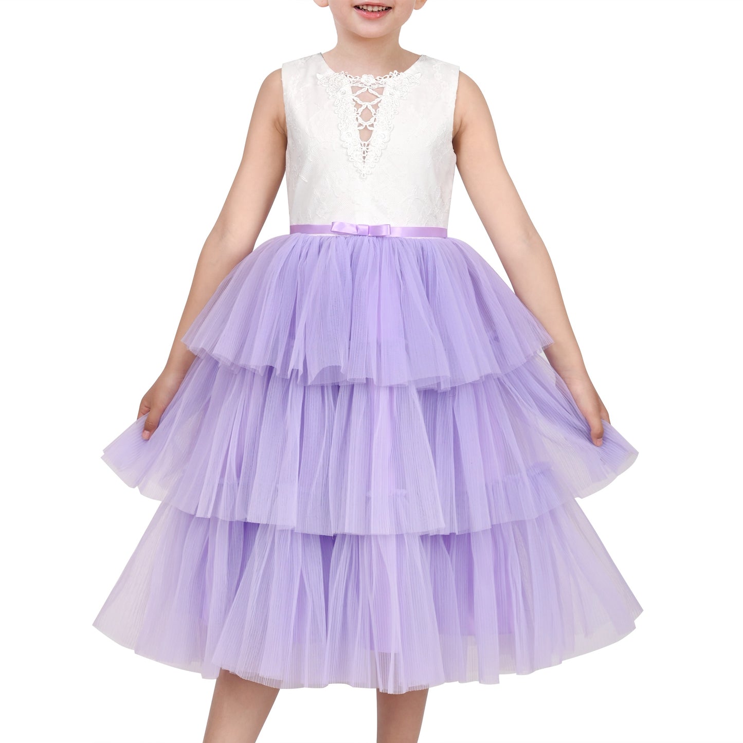 Girls Dress Purple Lace V Neck Tulle Layered Party Wedding Birthday Pageant Purple