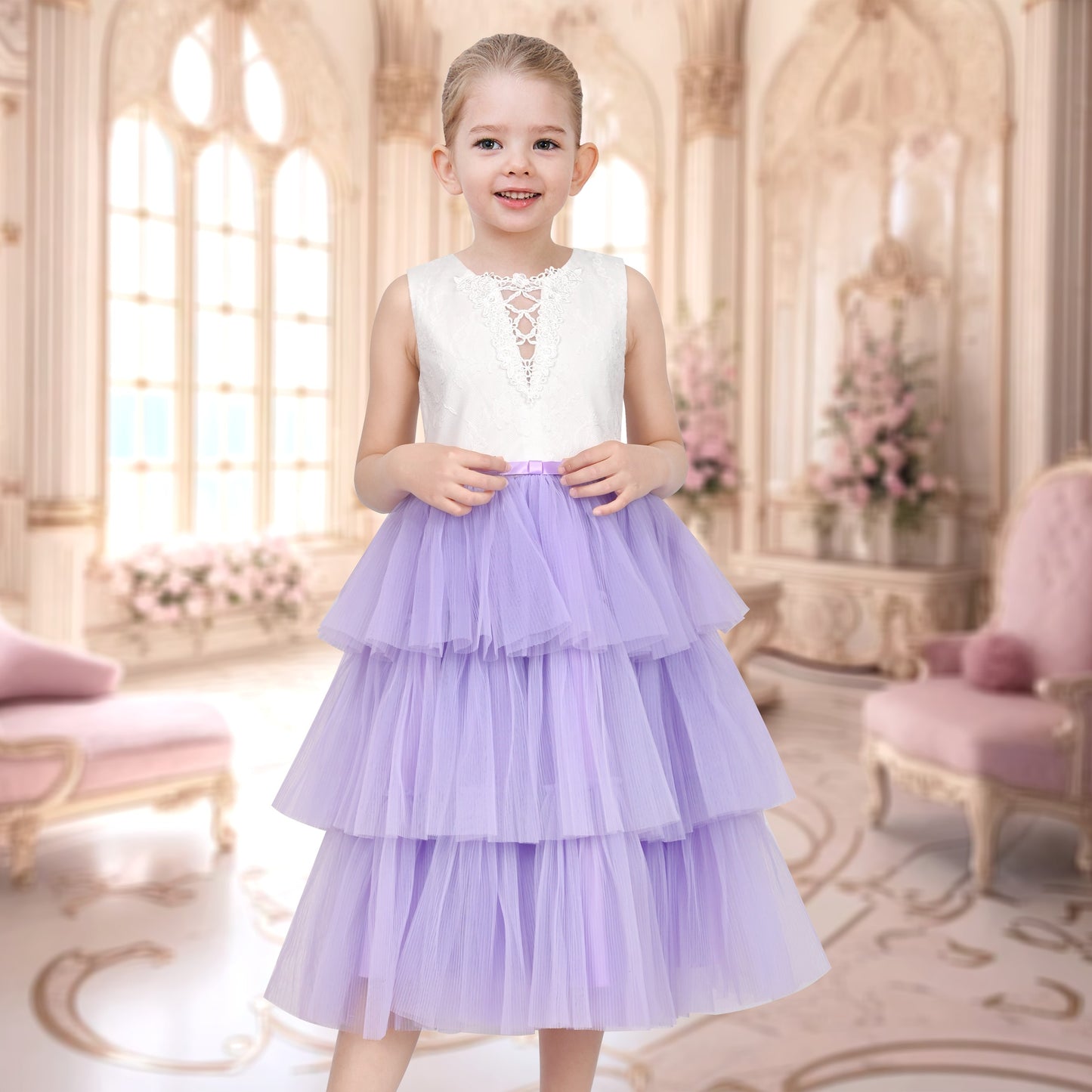 Girls Dress Purple Lace V Neck Tulle Layered Party Wedding Birthday Pageant Purple