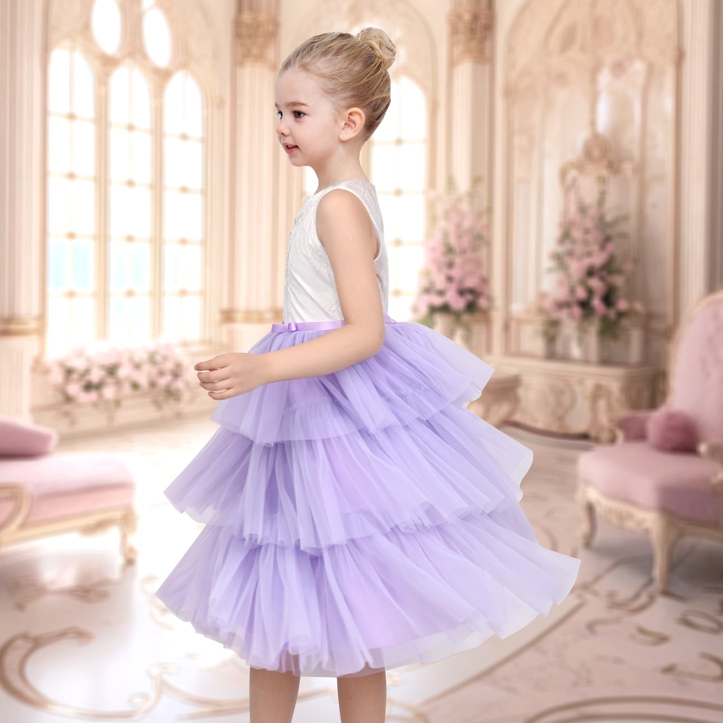 Girls Dress Purple Lace V Neck Tulle Layered Party Wedding Birthday Pageant Purple