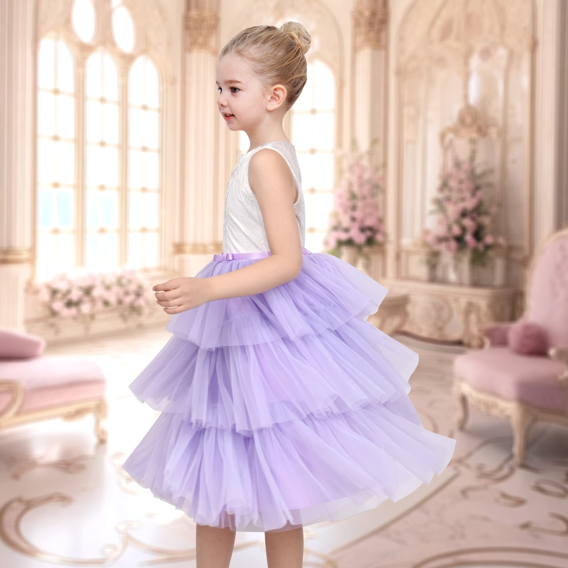 Girls Dress Purple Lace V Neck Tulle Layered Party Wedding Birthday Pageant Purple