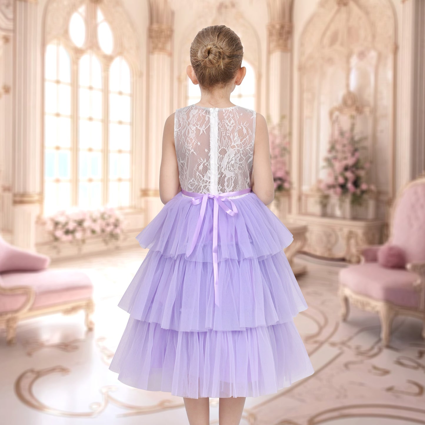Girls Dress Purple Lace V Neck Tulle Layered Party Wedding Birthday Pageant Purple