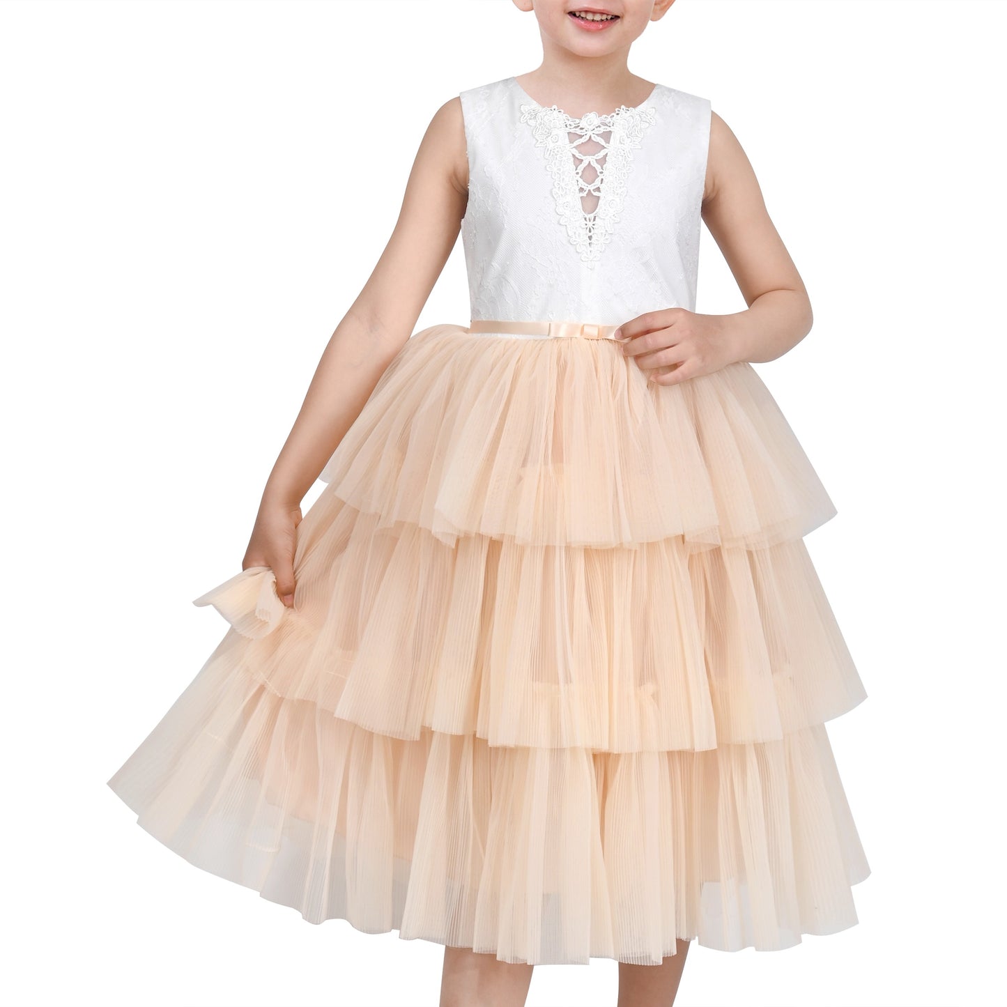 Girls Dress Purple Lace V Neck Tulle Layered Party Wedding Birthday Pageant Beige
