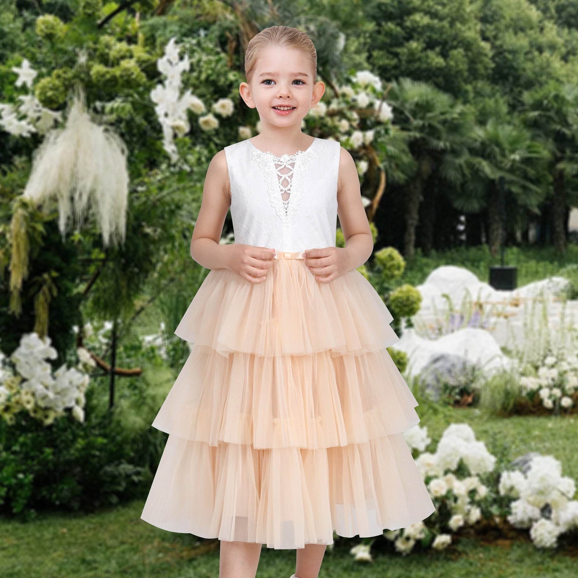 Girls Dress Purple Lace V Neck Tulle Layered Party Wedding Birthday Pageant Beige