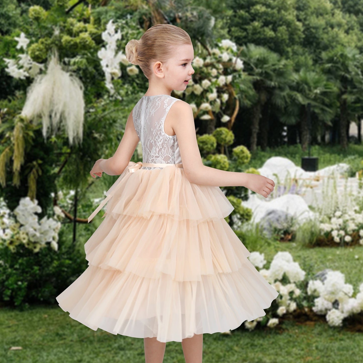 Girls Dress Purple Lace V Neck Tulle Layered Party Wedding Birthday Pageant Beige