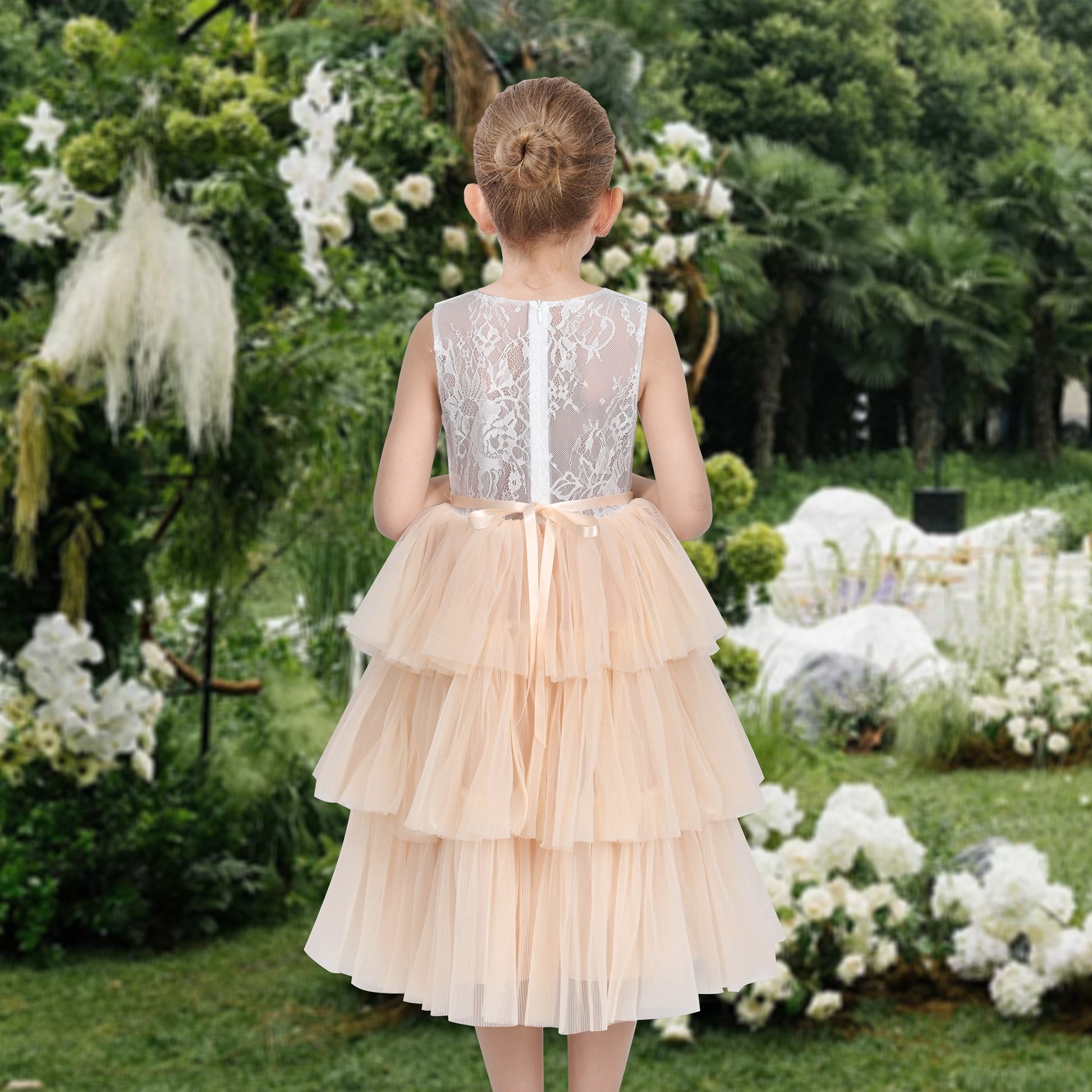 Girls Dress Purple Lace V Neck Tulle Layered Party Wedding Birthday Pageant Beige
