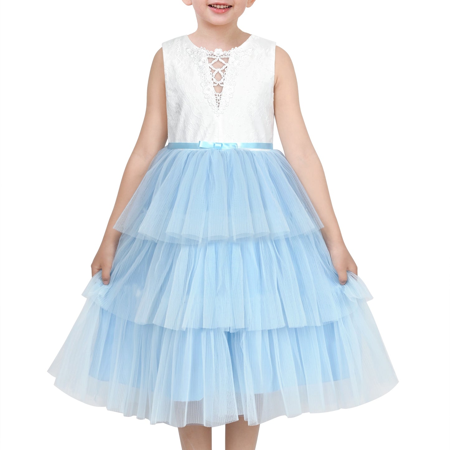 Girls Dress Purple Lace V Neck Tulle Layered Party Wedding Birthday Pageant Blue