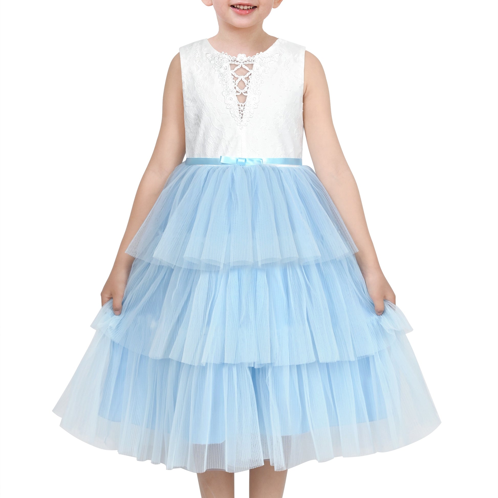 Girls Dress Purple Lace V Neck Tulle Layered Party Wedding Birthday Pageant Blue