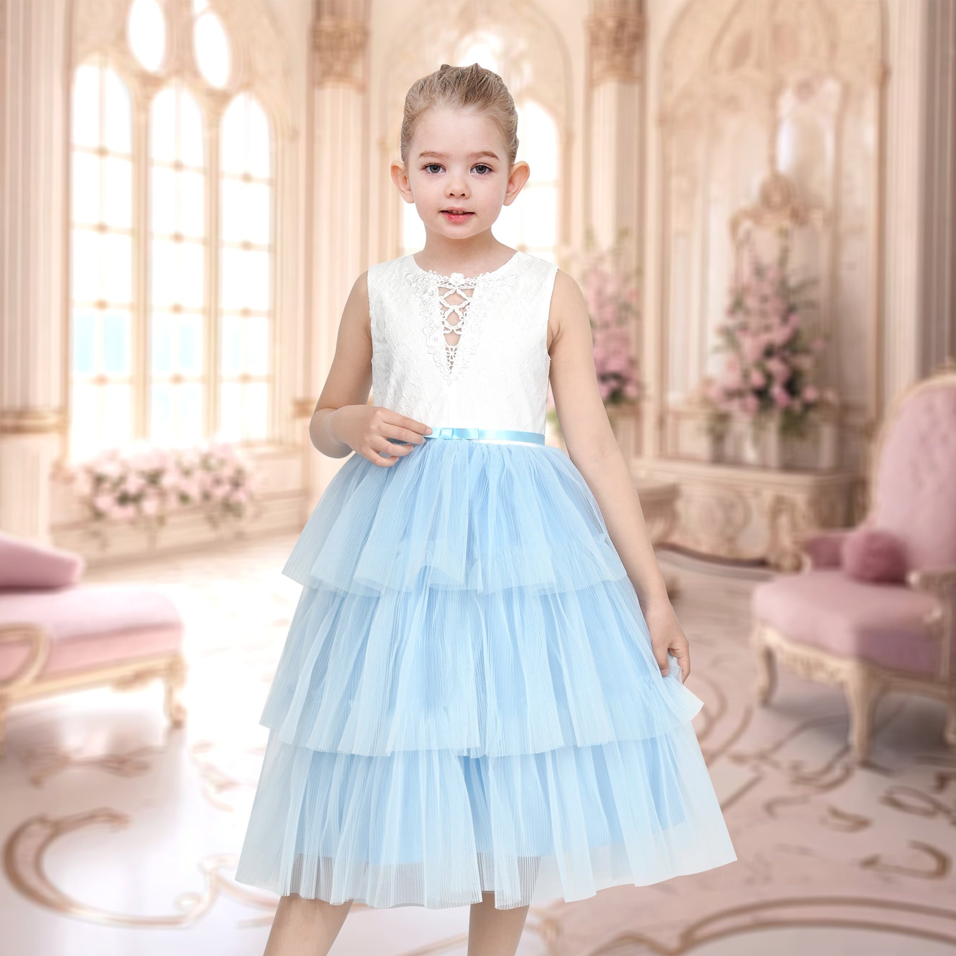 Girls Dress Purple Lace V Neck Tulle Layered Party Wedding Birthday Pageant Blue