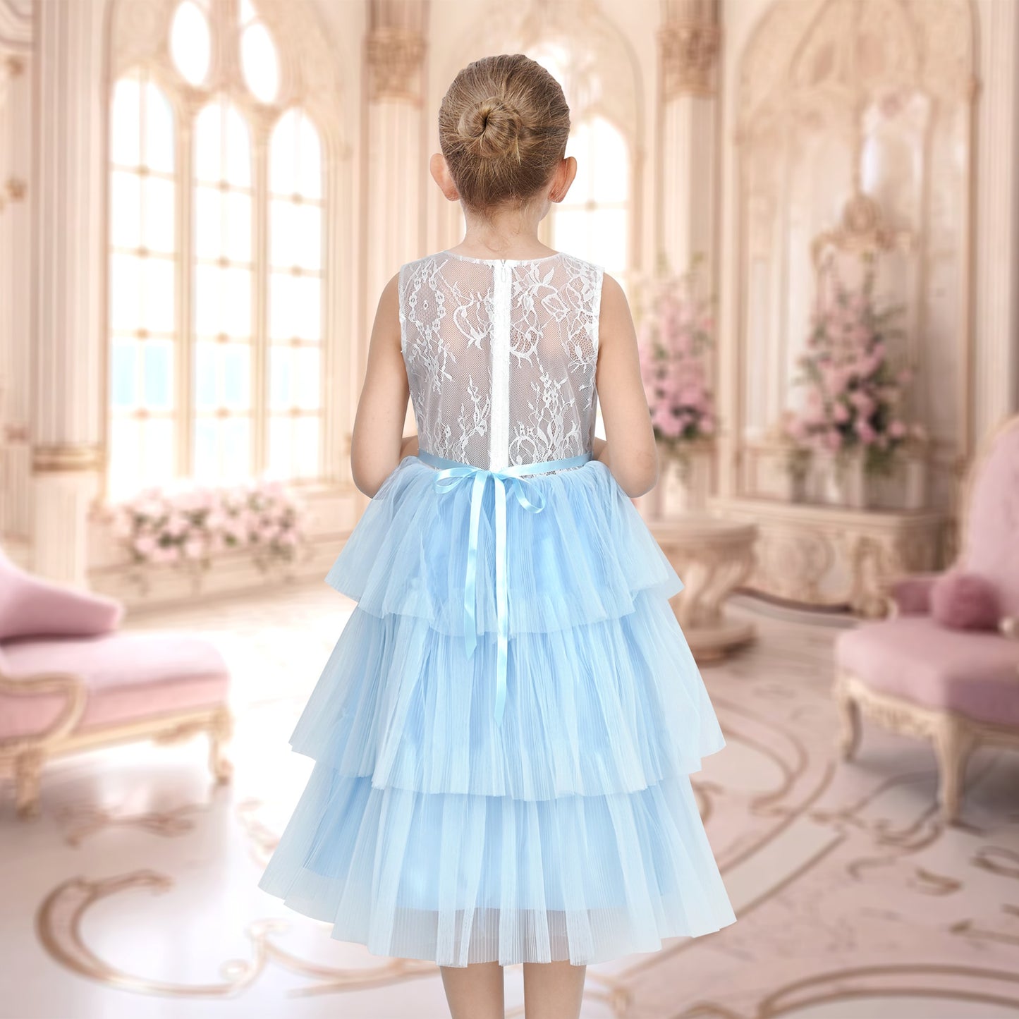 Girls Dress Purple Lace V Neck Tulle Layered Party Wedding Birthday Pageant Blue