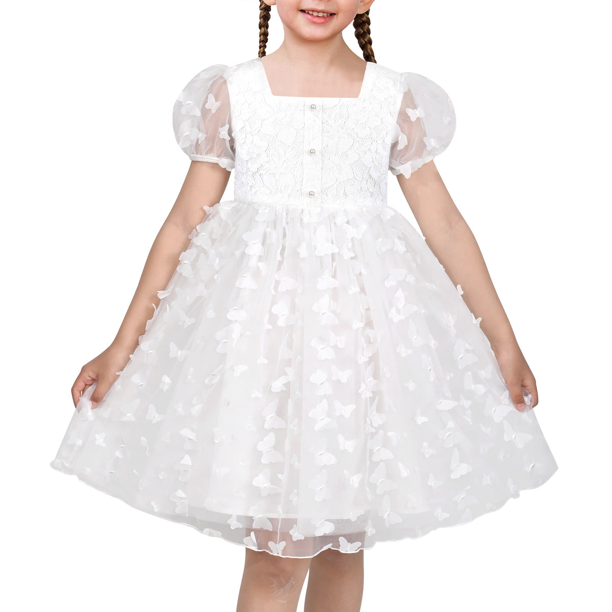 Girls Dress 3D Butterfly Beige Heart Lace Top Square Collar Short Sleeve - White