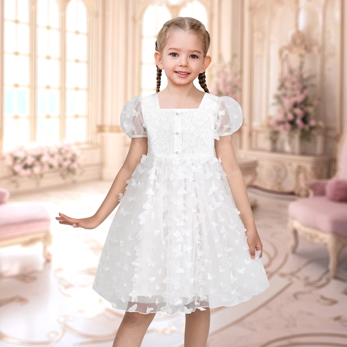 Girls Dress 3D Butterfly Beige Heart Lace Top Square Collar Short Sleeve - White