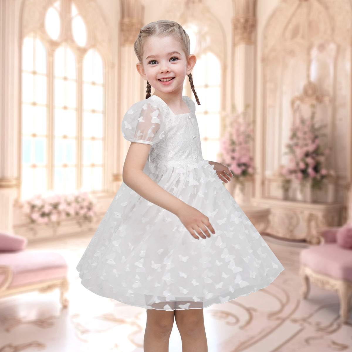 Girls Dress 3D Butterfly Beige Heart Lace Top Square Collar Short Sleeve - White