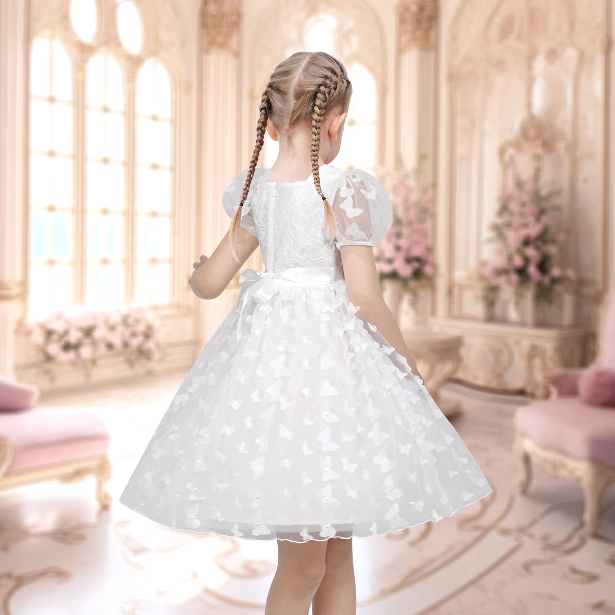 Girls Dress 3D Butterfly Beige Heart Lace Top Square Collar Short Sleeve - White