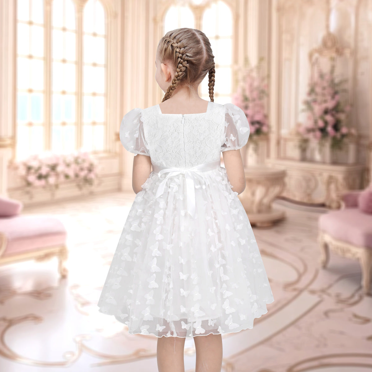 Girls Dress 3D Butterfly Beige Heart Lace Top Square Collar Short Sleeve - White