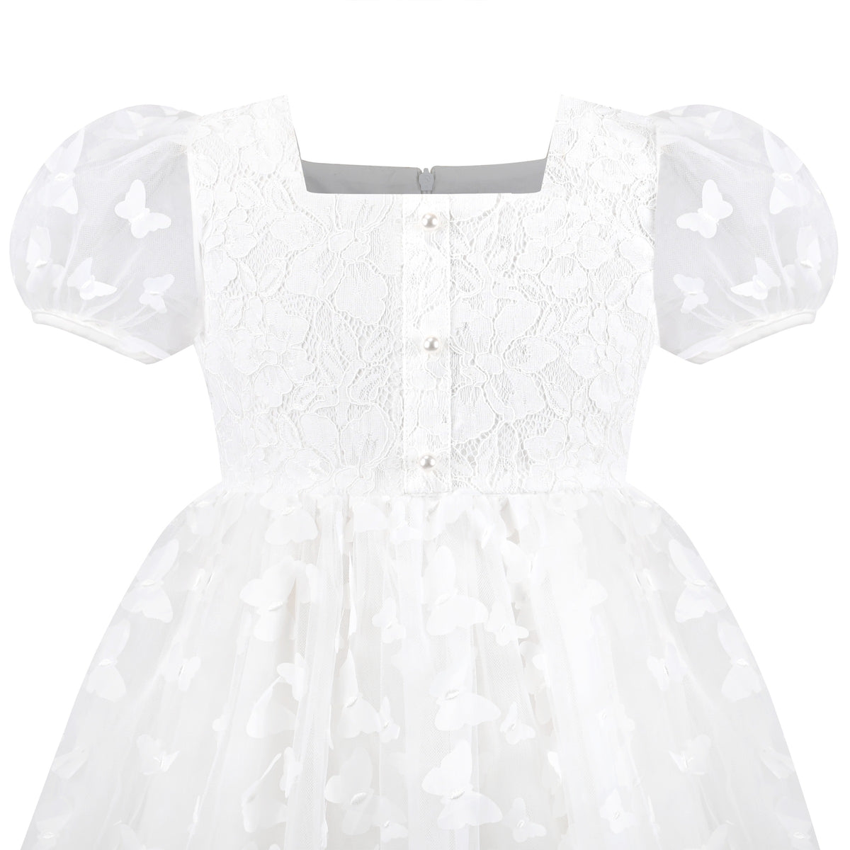 Girls Dress 3D Butterfly Beige Heart Lace Top Square Collar Short Sleeve - White