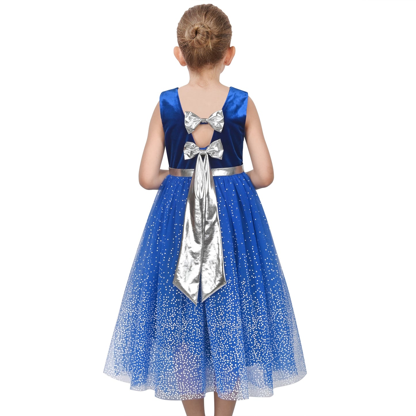 Girls Dress Purple V-neck Backless Glitter Tulle Pageant Wedding Princess Blue