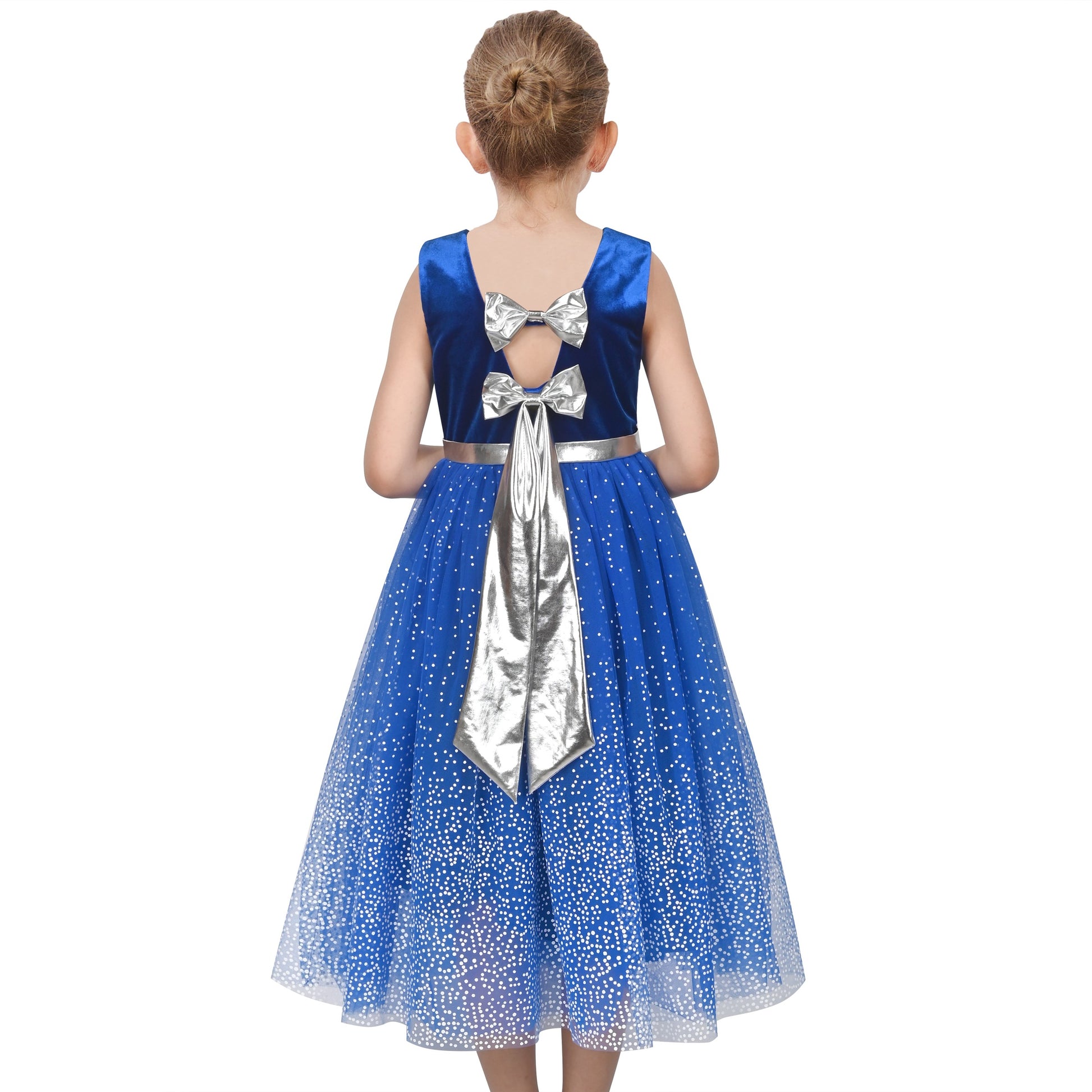 Girls Dress Purple V-neck Backless Glitter Tulle Pageant Wedding Princess Blue