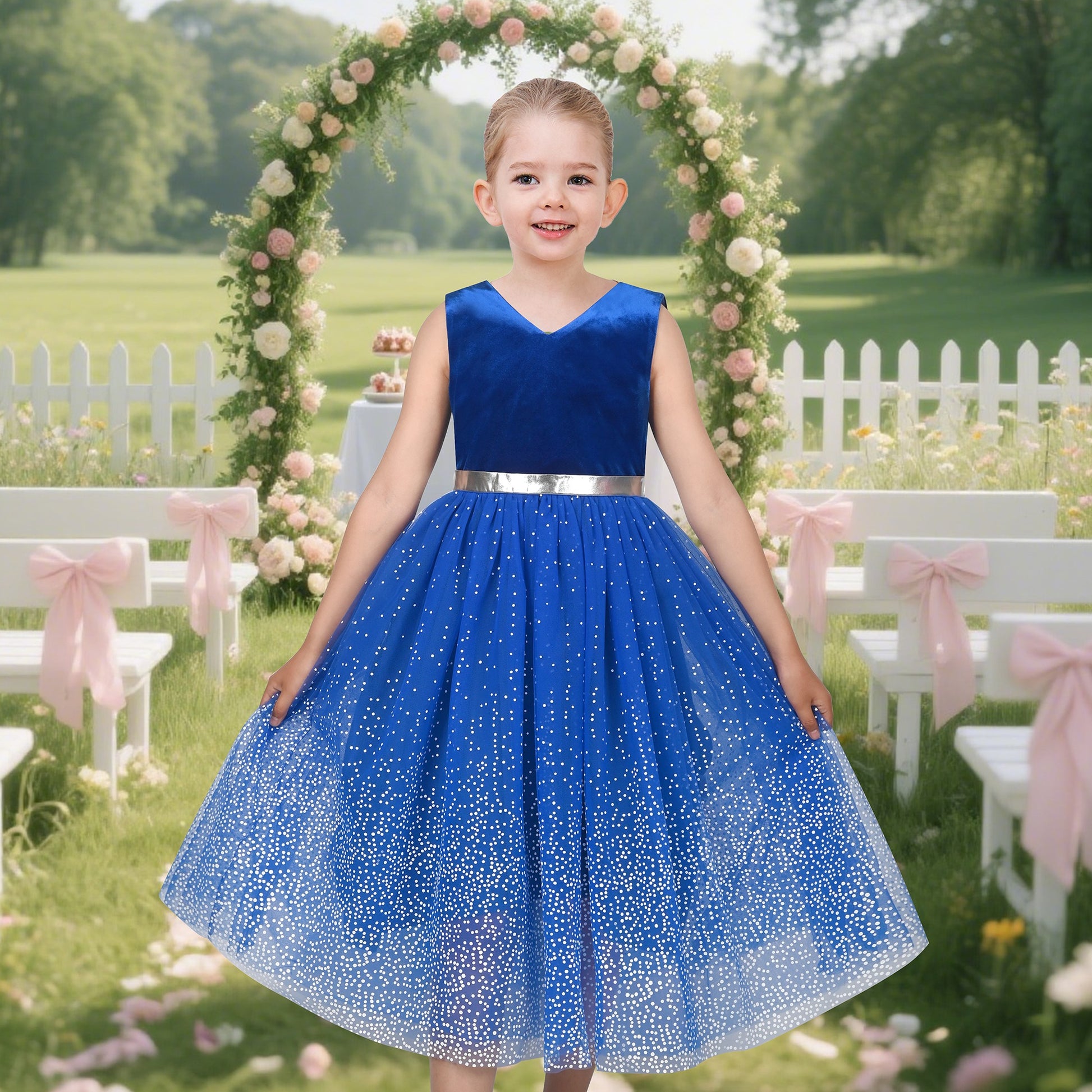 Girls Dress Purple V-neck Backless Glitter Tulle Pageant Wedding Princess Blue