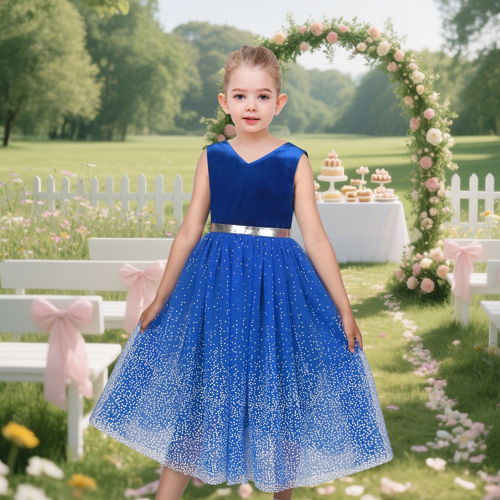 Girls Dress Purple V-neck Backless Glitter Tulle Pageant Wedding Princess Blue