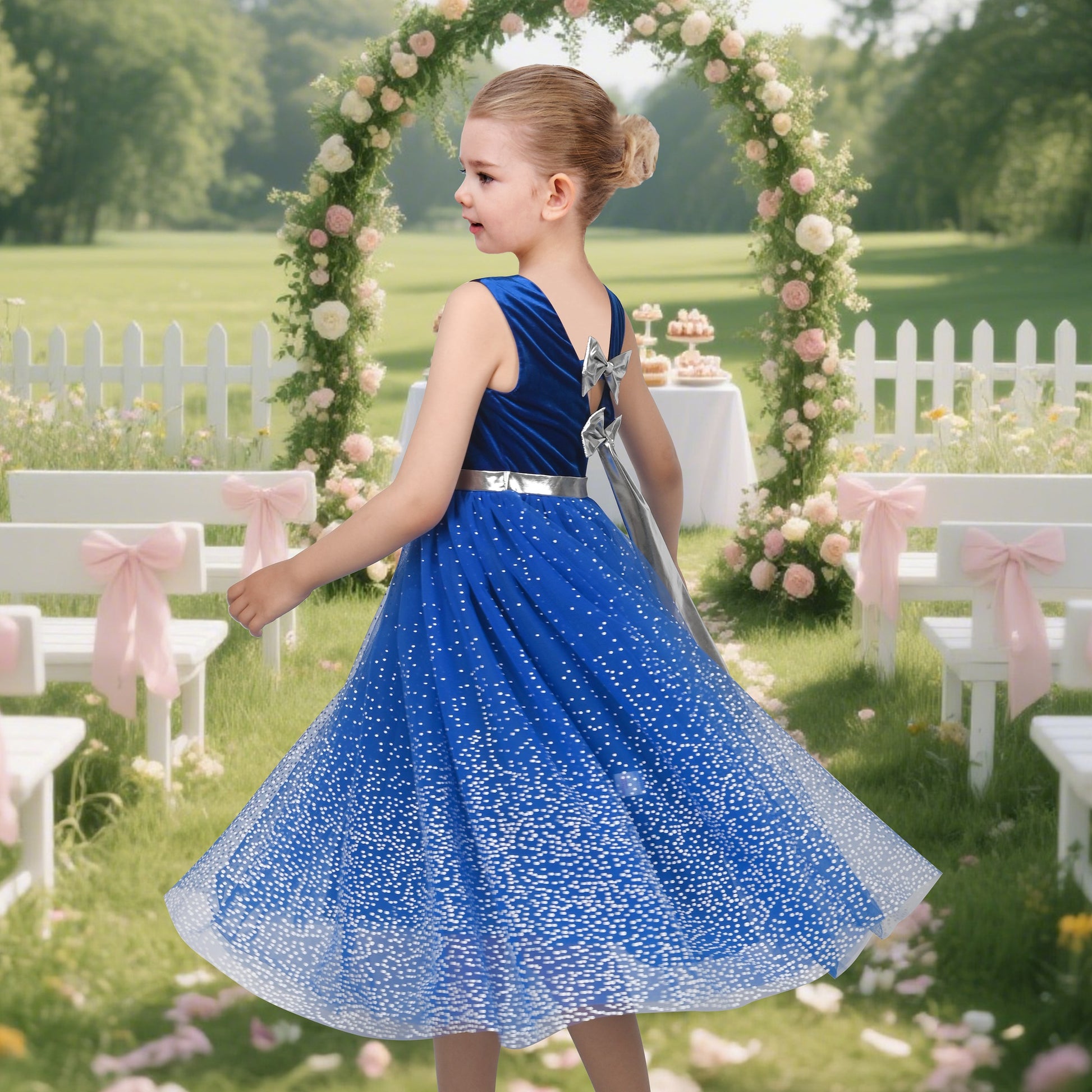 Girls Dress Purple V-neck Backless Glitter Tulle Pageant Wedding Princess Blue