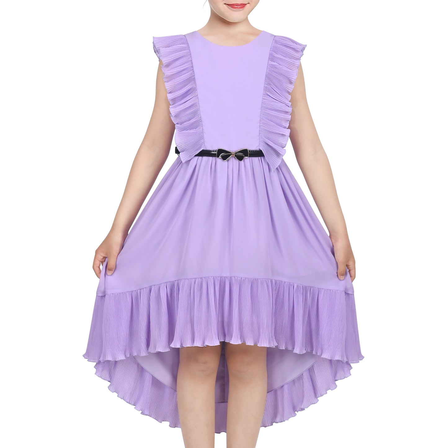 Girls Dress Coffee Ruffle Butterfly High Low Irregular Hem Sweet Birthday Party Purple
