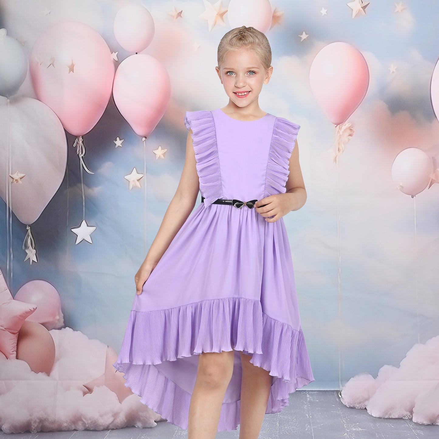 Girls Dress Coffee Ruffle Butterfly High Low Irregular Hem Sweet Birthday Party Purple