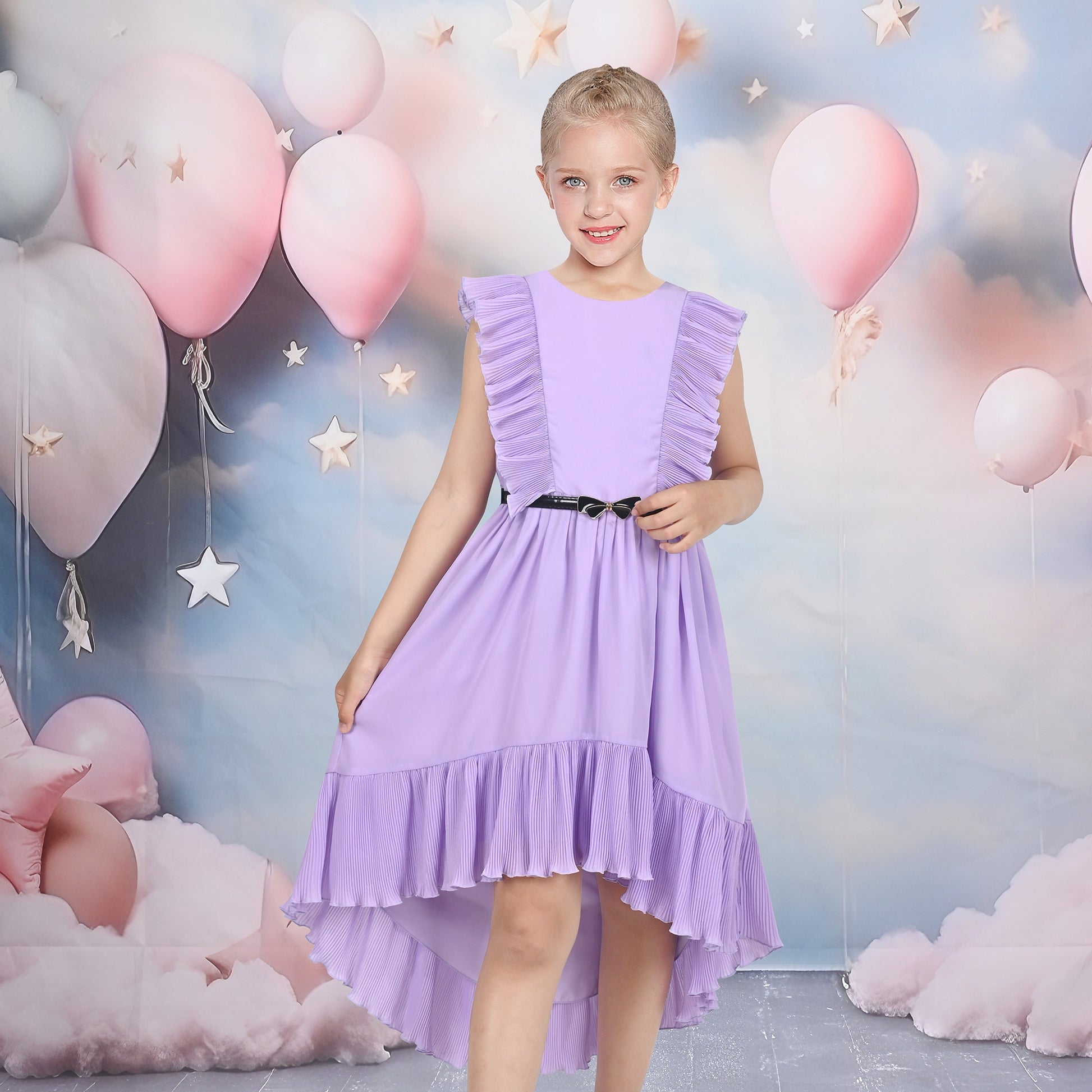 Girls Dress Coffee Ruffle Butterfly High Low Irregular Hem Sweet Birthday Party Purple