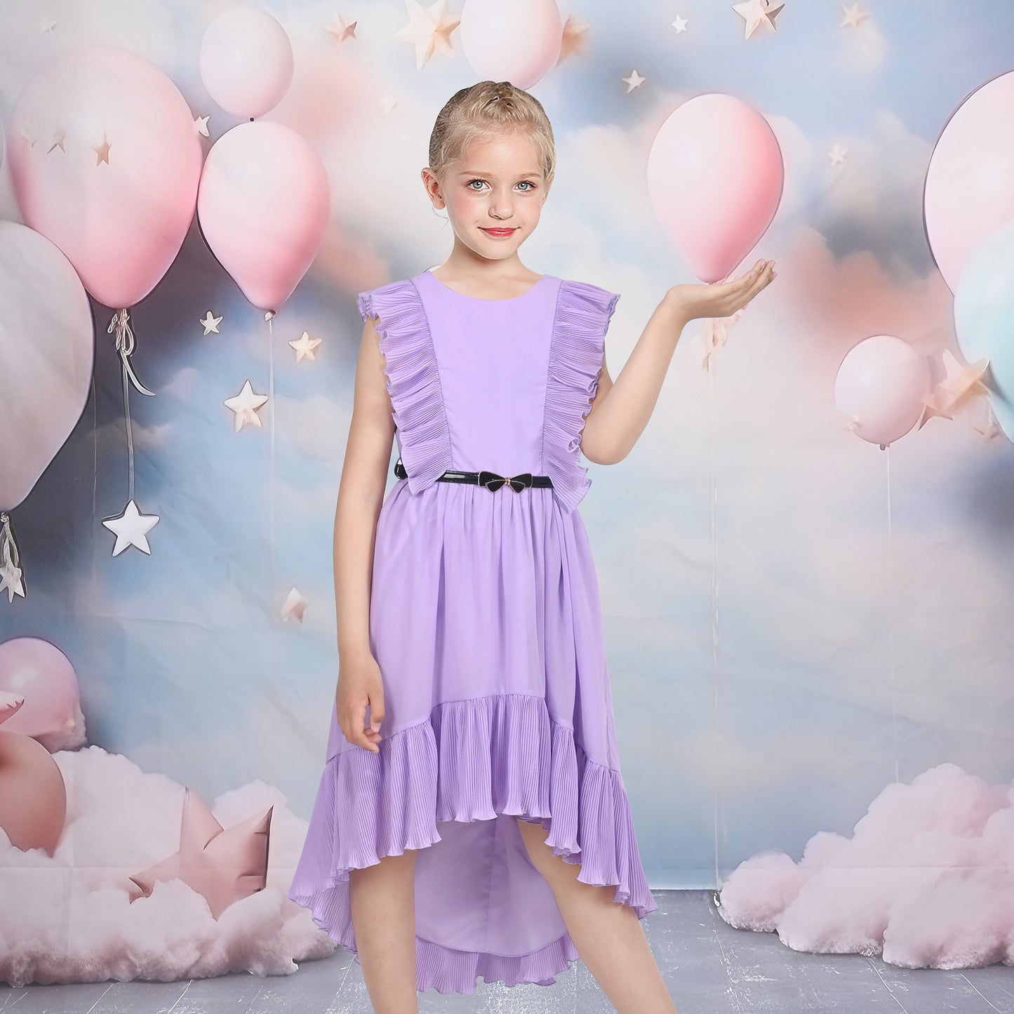 Girls Dress Coffee Ruffle Butterfly High Low Irregular Hem Sweet Birthday Party Purple