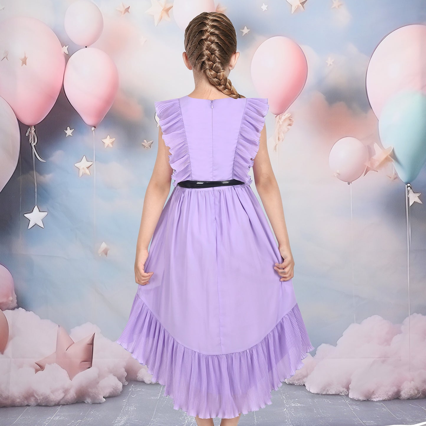 Girls Dress Coffee Ruffle Butterfly High Low Irregular Hem Sweet Birthday Party Purple