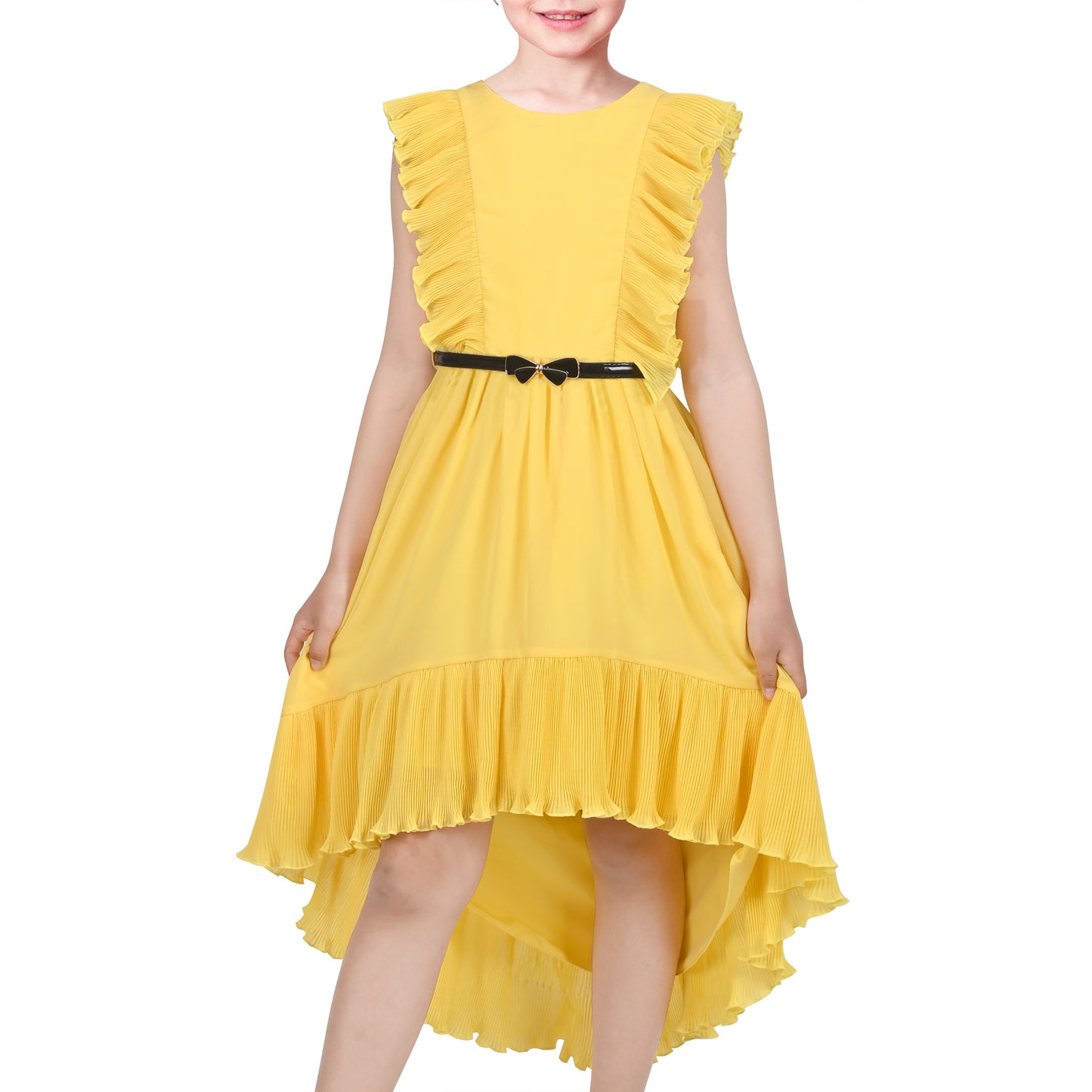 Girls Dress Coffee Ruffle Butterfly High Low Irregular Hem Sweet Birthday Party Yellow