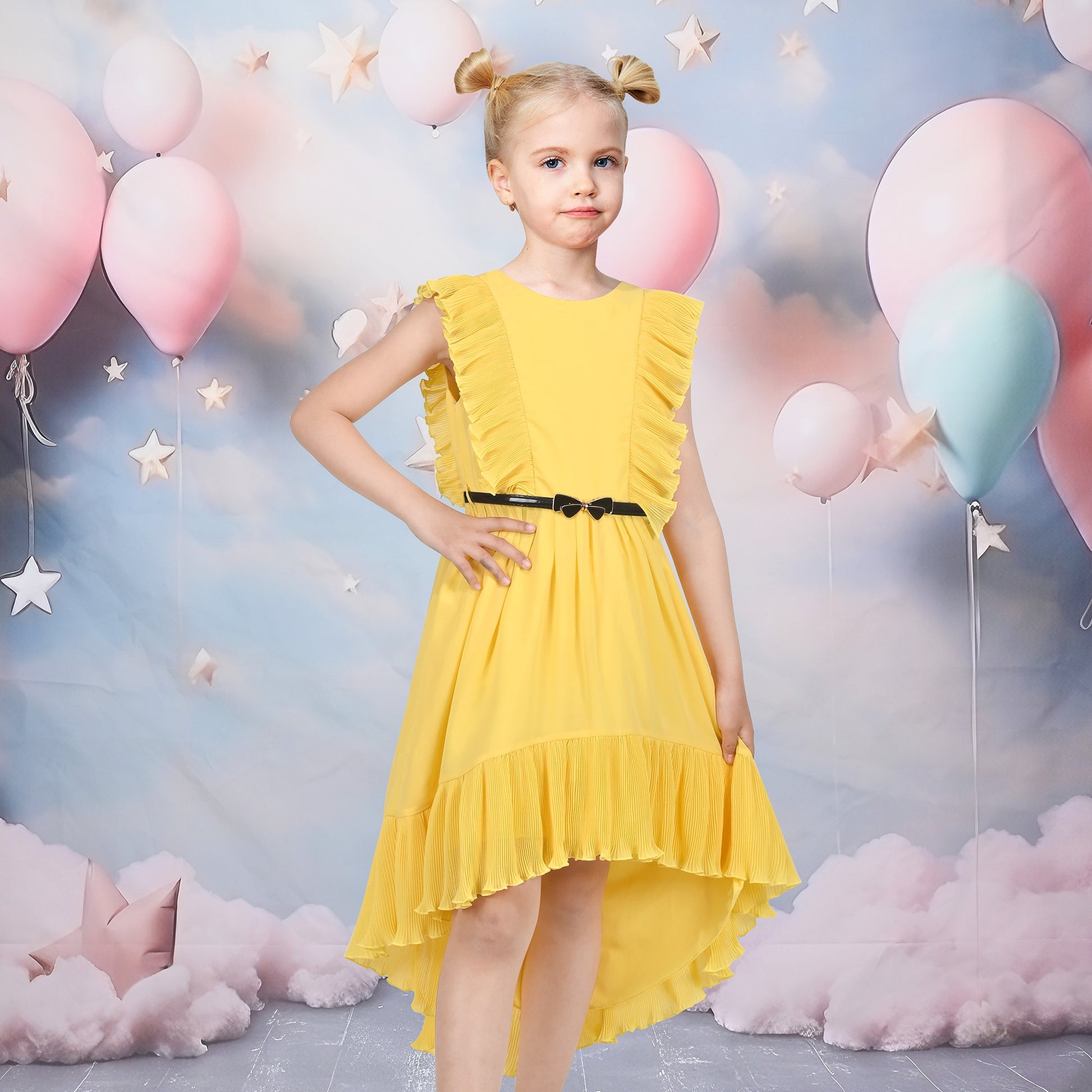 Girls Dress Coffee Ruffle Butterfly High Low Irregular Hem Sweet Birthday Party Yellow