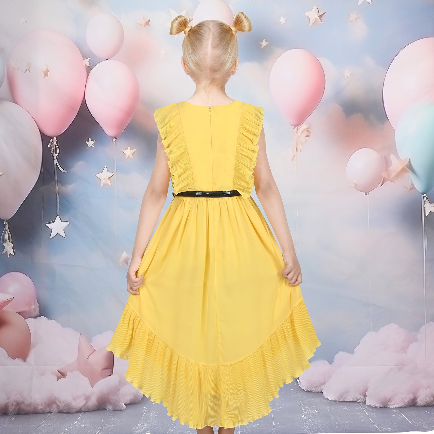 Girls Dress Coffee Ruffle Butterfly High Low Irregular Hem Sweet Birthday Party Yellow