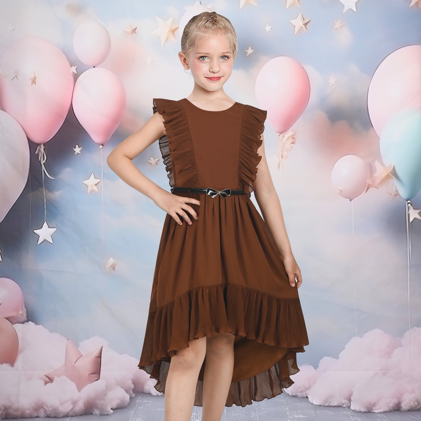 Girls Dress Coffee Ruffle Butterfly High Low Irregular Hem Sweet Birthday Party Brown