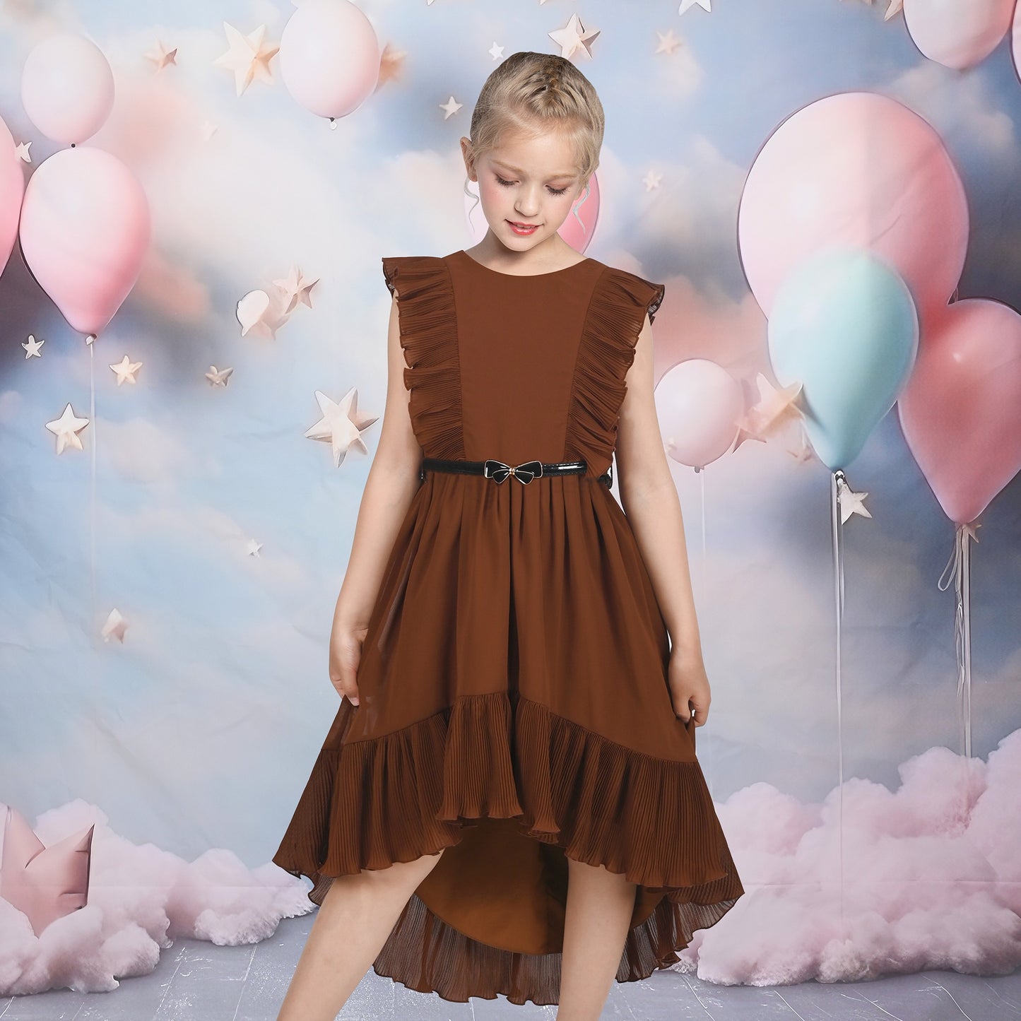Girls Dress Coffee Ruffle Butterfly High Low Irregular Hem Sweet Birthday Party Brown