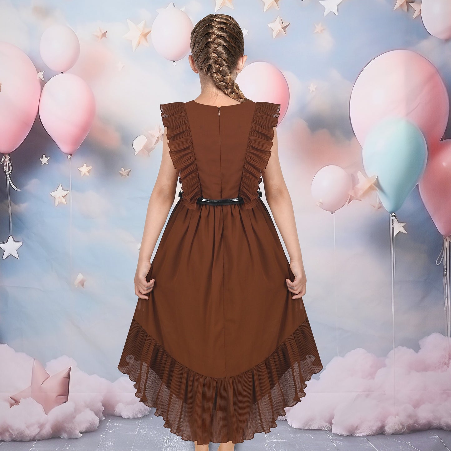 Girls Dress Coffee Ruffle Butterfly High Low Irregular Hem Sweet Birthday Party Brown
