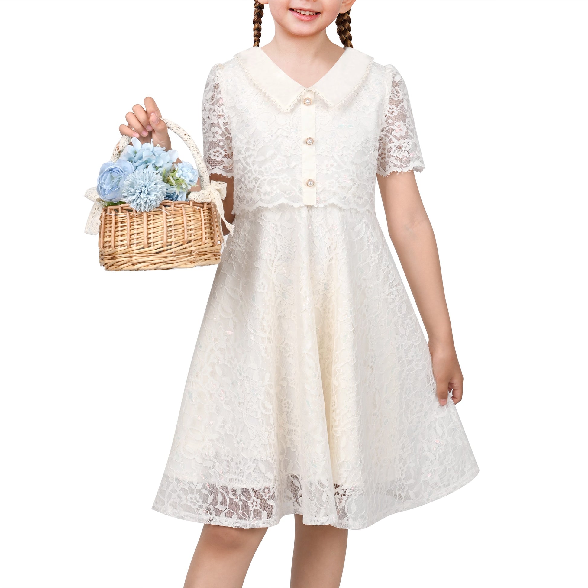 Flower Girls Dress Ivory Floral Lace Button Short Sleeve Communion Wedding Formal Beige
