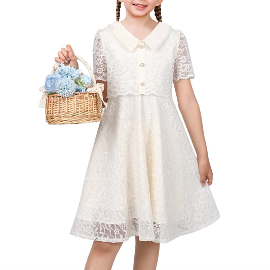 Flower Girls Dress Ivory Floral Lace Button Short Sleeve Communion Wedding Formal Beige