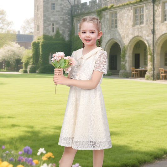 Flower Girls Dress Ivory Floral Lace Button Short Sleeve Communion Wedding Formal Beige
