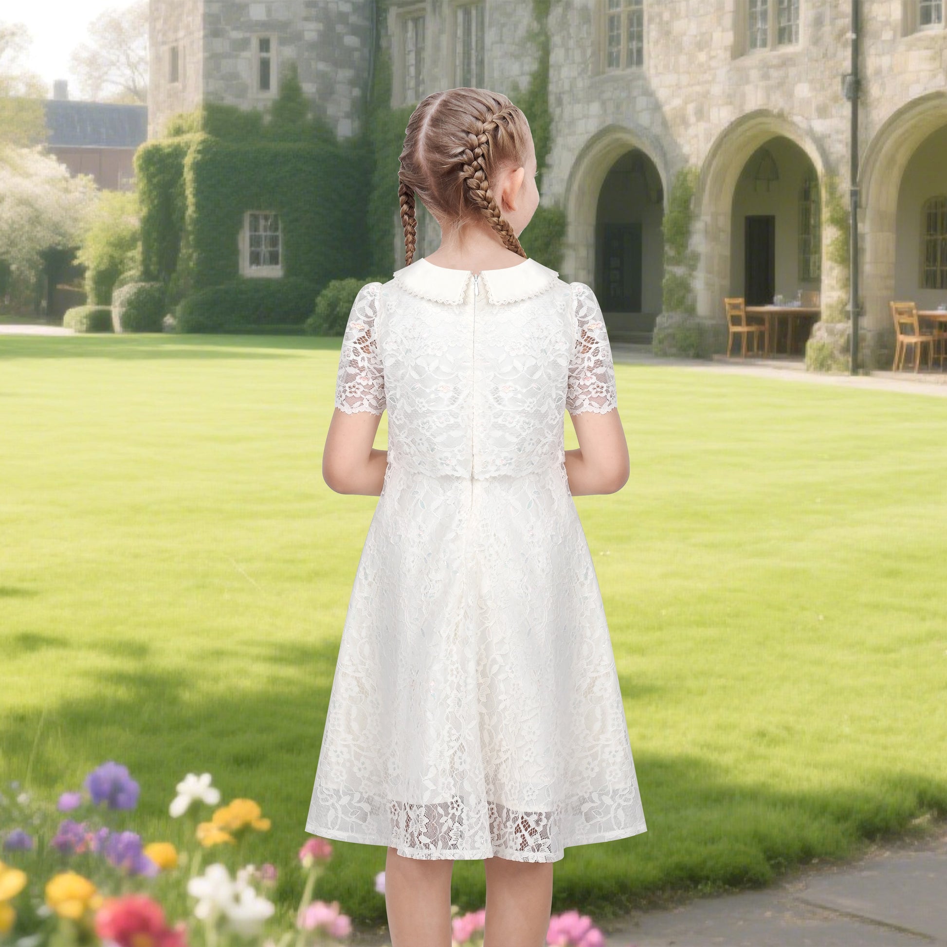 Flower Girls Dress Ivory Floral Lace Button Short Sleeve Communion Wedding Formal Beige
