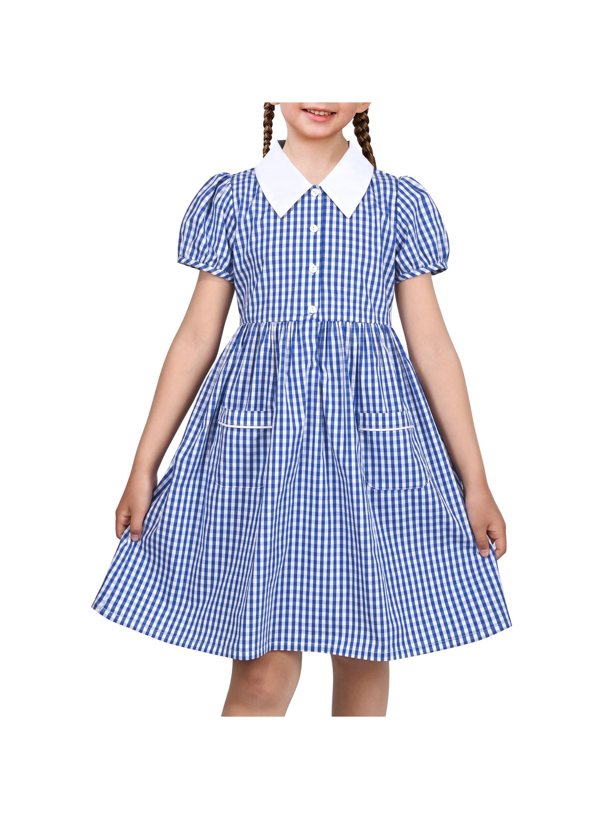 Girls Dress Black Bow Tie Belt School Uniform Front Button Short Sleeves - Navy Gingham