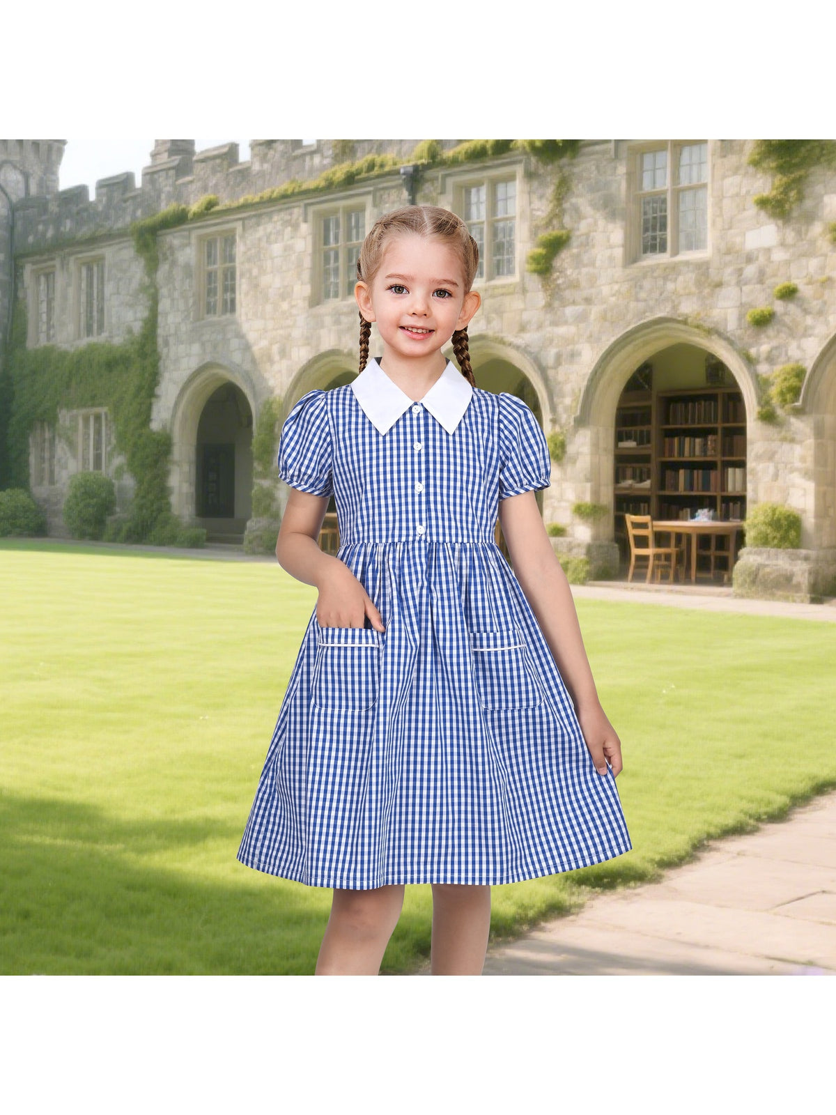 Girls Dress Black Bow Tie Belt School Uniform Front Button Short Sleeves - Navy Gingham